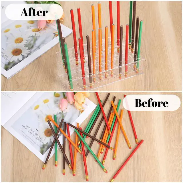 Alt view image 5 of 7 - Acrylic Pen Holder, 48-Slots Pen Display Stand 2 Tier Pencil Display Desk Stand Clear Eyebrow Pen Stand Makeup Brush Rack Organizer for Home Office Desk School Supplies