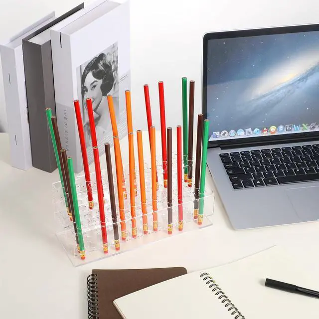 Alt view image 6 of 7 - Acrylic Pen Holder, 48-Slots Pen Display Stand 2 Tier Pencil Display Desk Stand Clear Eyebrow Pen Stand Makeup Brush Rack Organizer for Home Office Desk School Supplies