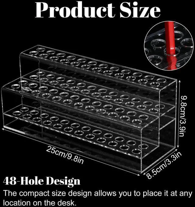 Alt view image 3 of 7 - Acrylic Pen Holder, 48-Slots Pen Display Stand 2 Tier Pencil Display Desk Stand Clear Eyebrow Pen Stand Makeup Brush Rack Organizer for Home Office Desk School Supplies