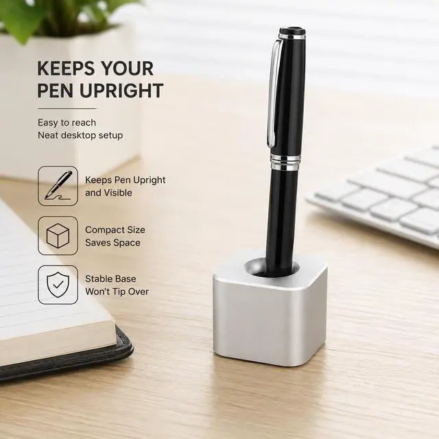 Alt view image 2 of 4 - Silver Single Pen Holder Stand, Aluminum Desk Pen Base, Mini One-Hole Fountain Pen Holder for Pencil, Toothbrush, Makeup Brush, Office Desktop Organizer