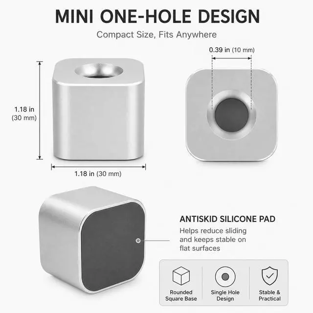 Alt view image 3 of 4 - Silver Single Pen Holder Stand, Aluminum Desk Pen Base, Mini One-Hole Fountain Pen Holder for Pencil, Toothbrush, Makeup Brush, Office Desktop Organizer