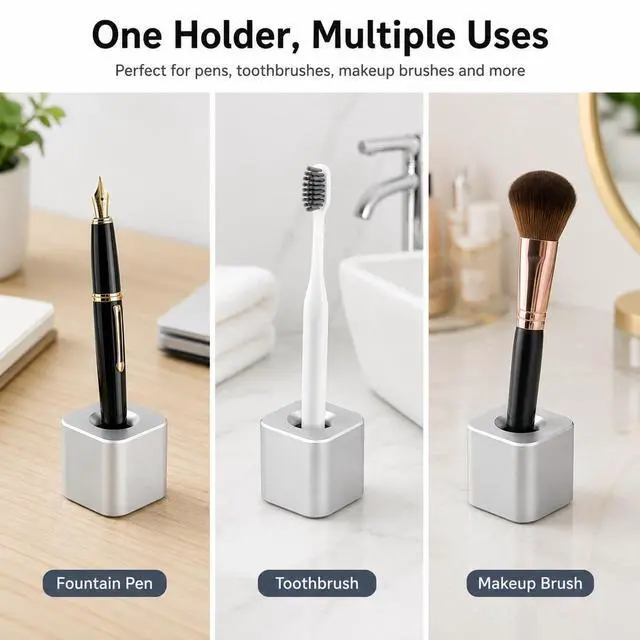 Alt view image 4 of 4 - Silver Single Pen Holder Stand, Aluminum Desk Pen Base, Mini One-Hole Fountain Pen Holder for Pencil, Toothbrush, Makeup Brush, Office Desktop Organizer