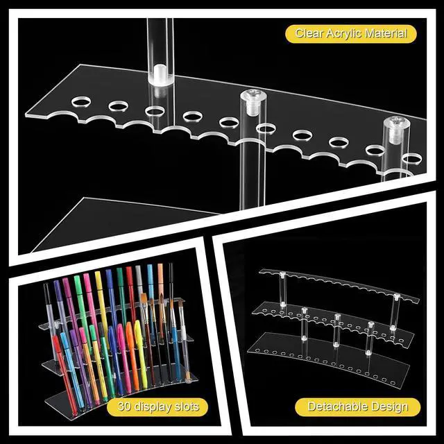 Alt view image 4 of 7 - Acrylic Pen Display Stand, 30 Slots Pen Holder Organizer, 2 Tier 1.3cm Wide Detachable Clear Pen Display Stand for Fountain Pens, Makeup Brushes, Art Supplies, Office, School, Home