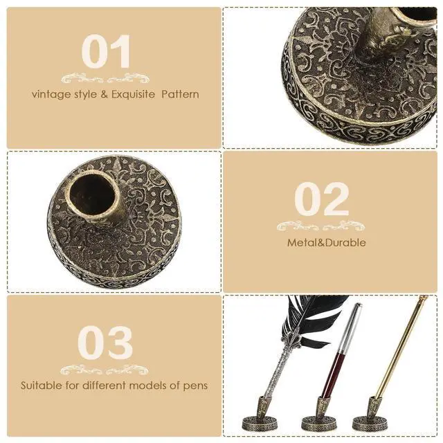 Alt view image 3 of 6 - 2 Pieces Vintage Round Metal Feather Pen Holder Insertion Pen Holder Feather Quill Stand Desktop Dip Pens Base for Office Supplies Student Present(Ancient Bronze)