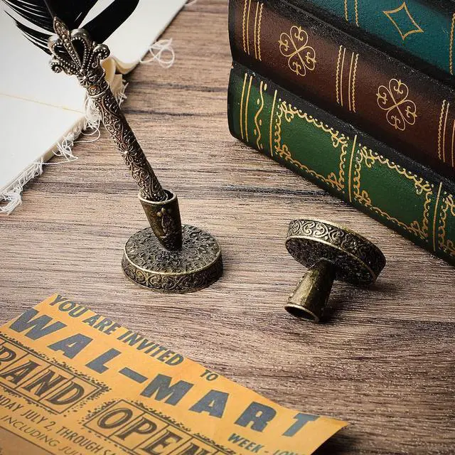 Alt view image 4 of 6 - 2 Pieces Vintage Round Metal Feather Pen Holder Insertion Pen Holder Feather Quill Stand Desktop Dip Pens Base for Office Supplies Student Present(Ancient Bronze)