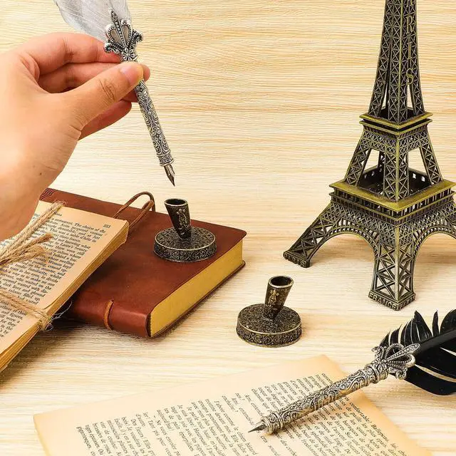 Alt view image 5 of 6 - 2 Pieces Vintage Round Metal Feather Pen Holder Insertion Pen Holder Feather Quill Stand Desktop Dip Pens Base for Office Supplies Student Present(Ancient Bronze)
