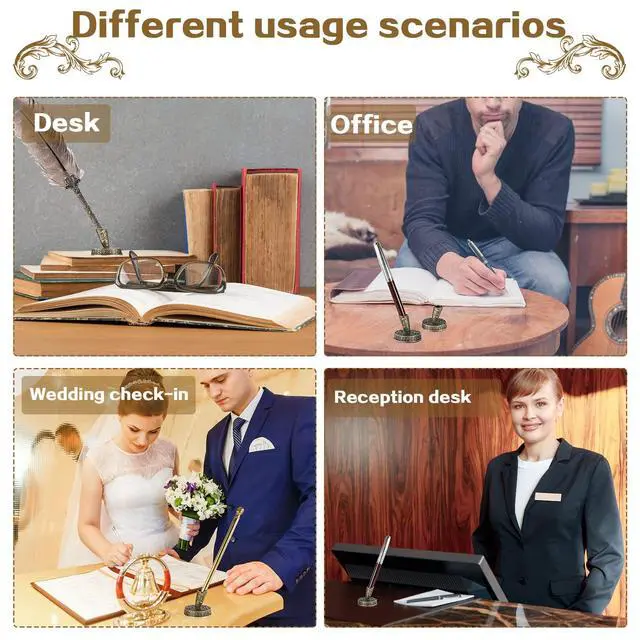 Alt view image 6 of 6 - 2 Pieces Vintage Round Metal Feather Pen Holder Insertion Pen Holder Feather Quill Stand Desktop Dip Pens Base for Office Supplies Student Present(Ancient Bronze)