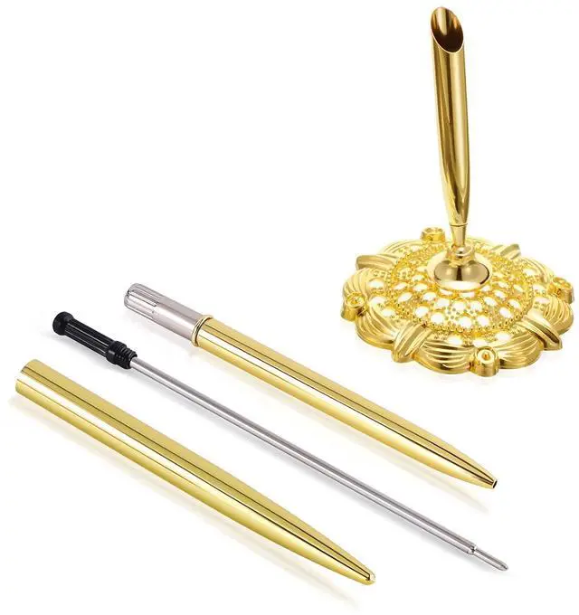Alt view image 3 of 7 - Hollow Round Pen Holder Signing Pen Set for Wedding Bridal Engagement Valentine's Day Favors,Golden