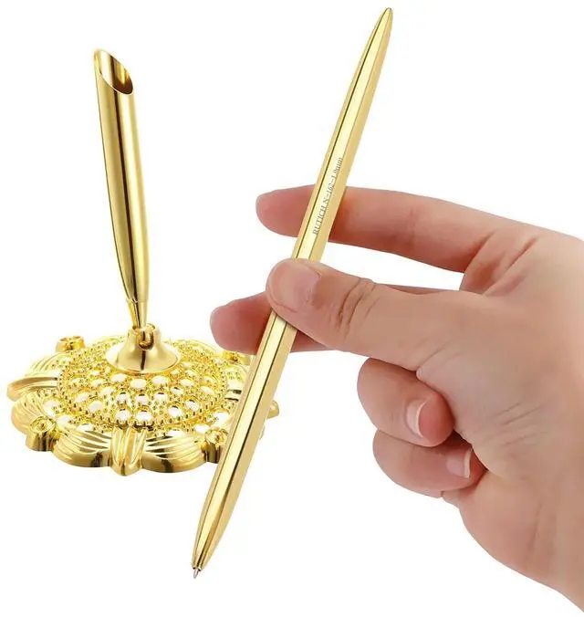Alt view image 4 of 7 - Hollow Round Pen Holder Signing Pen Set for Wedding Bridal Engagement Valentine's Day Favors,Golden