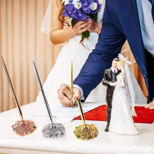 Alt view image 7 of 7 - Hollow Round Pen Holder Signing Pen Set for Wedding Bridal Engagement Valentine's Day Favors,Golden