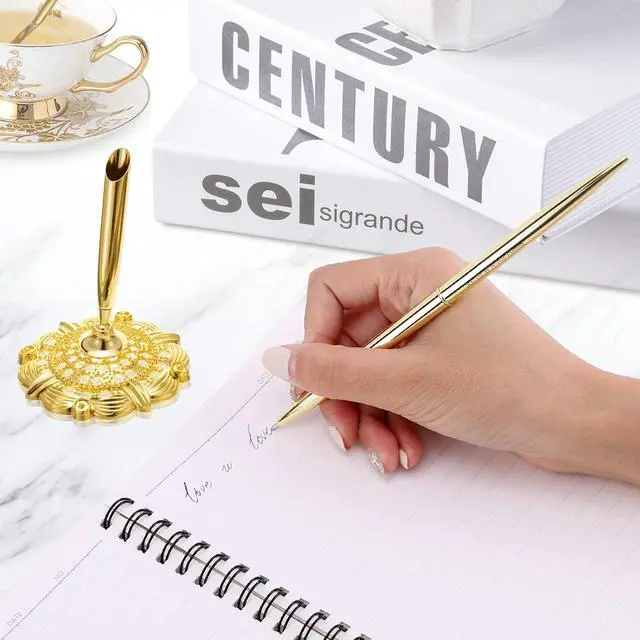 Alt view image 6 of 7 - Hollow Round Pen Holder Signing Pen Set for Wedding Bridal Engagement Valentine's Day Favors,Golden