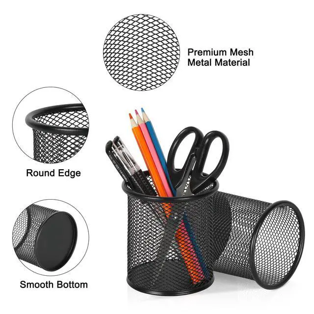 Alt view image 2 of 7 - Pencil Holder for Desk, 2 Pack Metal Pen Organizer, Mesh Pencil Cup Organizer for Home, Office, Classroom, School, Black