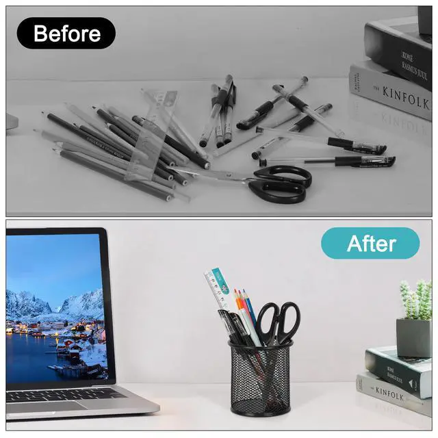 Alt view image 4 of 7 - Pencil Holder for Desk, 2 Pack Metal Pen Organizer, Mesh Pencil Cup Organizer for Home, Office, Classroom, School, Black