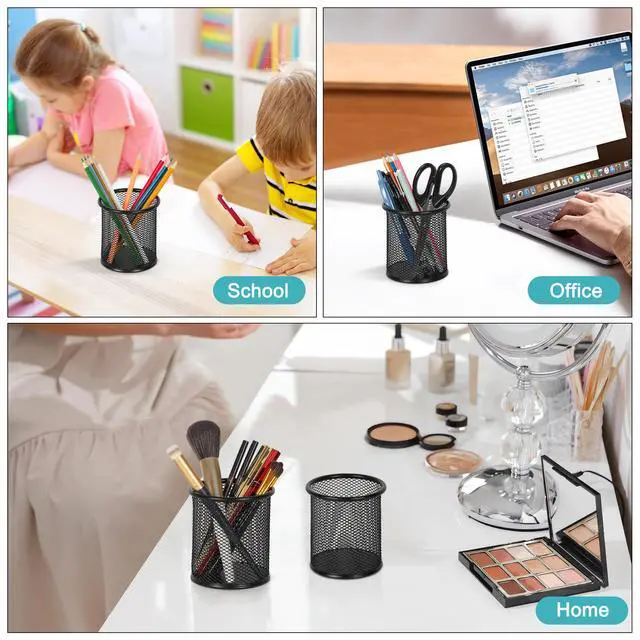 Alt view image 7 of 7 - Pencil Holder for Desk, 2 Pack Metal Pen Organizer, Mesh Pencil Cup Organizer for Home, Office, Classroom, School, Black