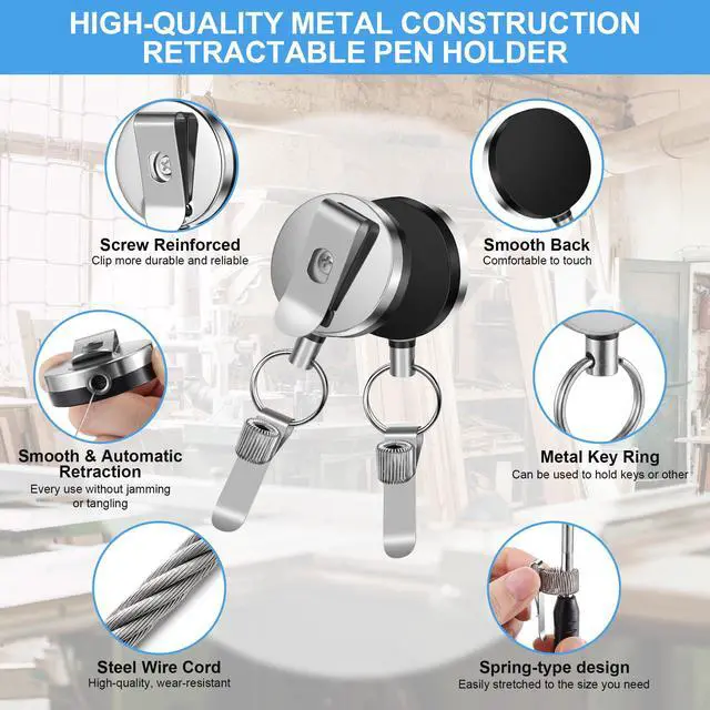 Alt view image 4 of 7 - 2 Pcs Heavy Duty Retractable Pull Pen Pencil Holder, 27.5 Inch Pen Lanyard Retractable with Belt Clip and Key Ring, Stretch Spring Pencil Holder for Carpenters, Construction Workers, Nurses, Waiters