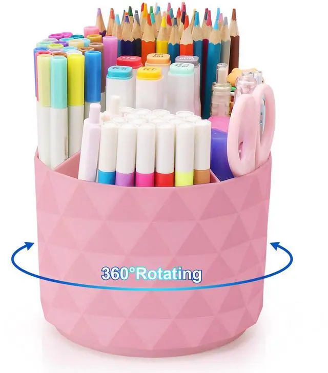 Main image of Desk Organizer, 360-Degree Rotating Pencil Pen Holders For Desk, Diamond Pattern Pen Organizer With 5 Compartments, Cute Desk Accessories Decor For Office, School,Home,Art Supply (Pink)