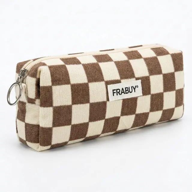 Main image of Soft Corduroy Pencil Case Pen Pouch Organizer, Small Stationery Bag | Cute Crown Checkerboard Pouch, Smooth Zipper, Daily Cosmetics Holder, Compact Organizer for School Teen Girls, Women