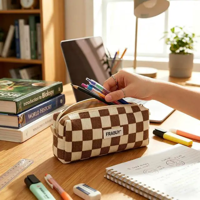 Alt view image 2 of 7 - Soft Corduroy Pencil Case Pen Pouch Organizer, Small Stationery Bag | Cute Crown Checkerboard Pouch, Smooth Zipper, Daily Cosmetics Holder, Compact Organizer for School Teen Girls, Women