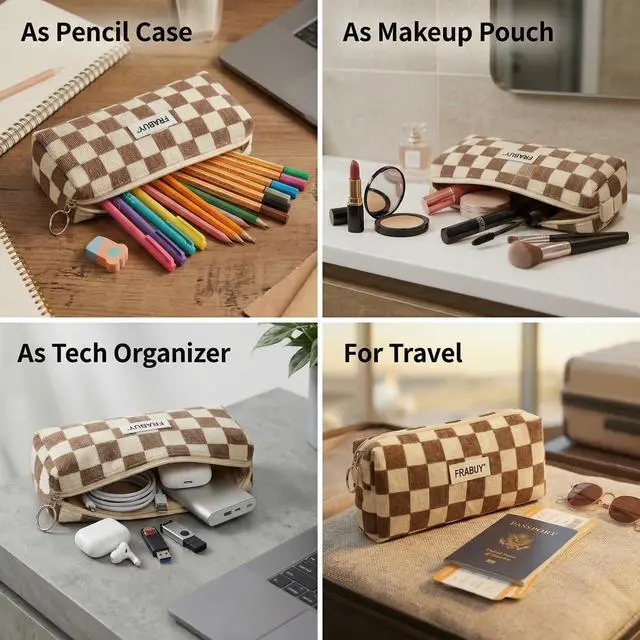 Alt view image 4 of 7 - Soft Corduroy Pencil Case Pen Pouch Organizer, Small Stationery Bag | Cute Crown Checkerboard Pouch, Smooth Zipper, Daily Cosmetics Holder, Compact Organizer for School Teen Girls, Women