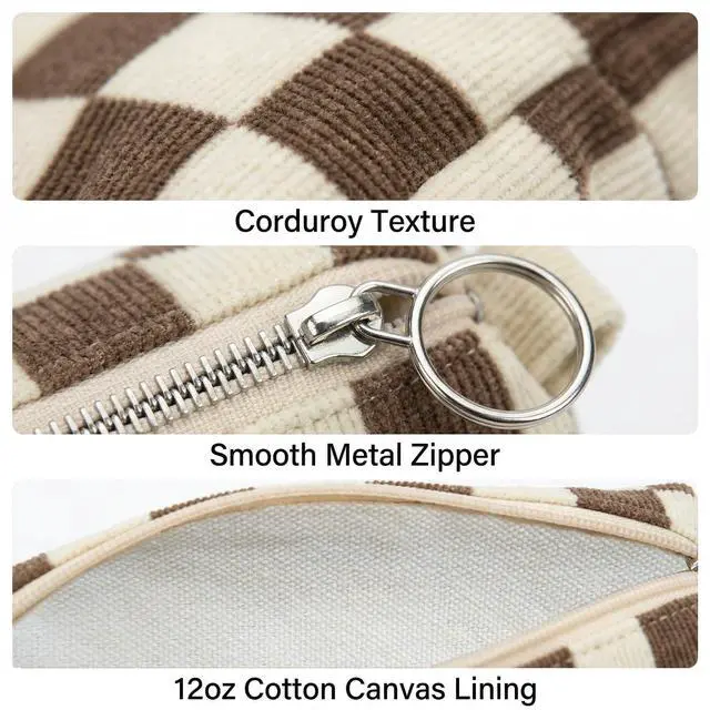 Alt view image 3 of 7 - Soft Corduroy Pencil Case Pen Pouch Organizer, Small Stationery Bag | Cute Crown Checkerboard Pouch, Smooth Zipper, Daily Cosmetics Holder, Compact Organizer for School Teen Girls, Women