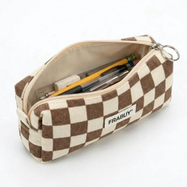 Alt view image 6 of 7 - Soft Corduroy Pencil Case Pen Pouch Organizer, Small Stationery Bag | Cute Crown Checkerboard Pouch, Smooth Zipper, Daily Cosmetics Holder, Compact Organizer for School Teen Girls, Women