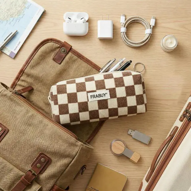 Alt view image 7 of 7 - Soft Corduroy Pencil Case Pen Pouch Organizer, Small Stationery Bag | Cute Crown Checkerboard Pouch, Smooth Zipper, Daily Cosmetics Holder, Compact Organizer for School Teen Girls, Women