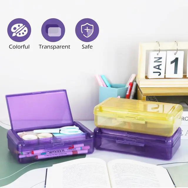 Alt view image 2 of 7 - Double Layer Plastic Clear Hard Colored Pencil Box Case Pen Crayon Box | Colored Cute Pen Cases Box for School Office Supplies Marker Crayon Organizer Storage Box,Standard Size