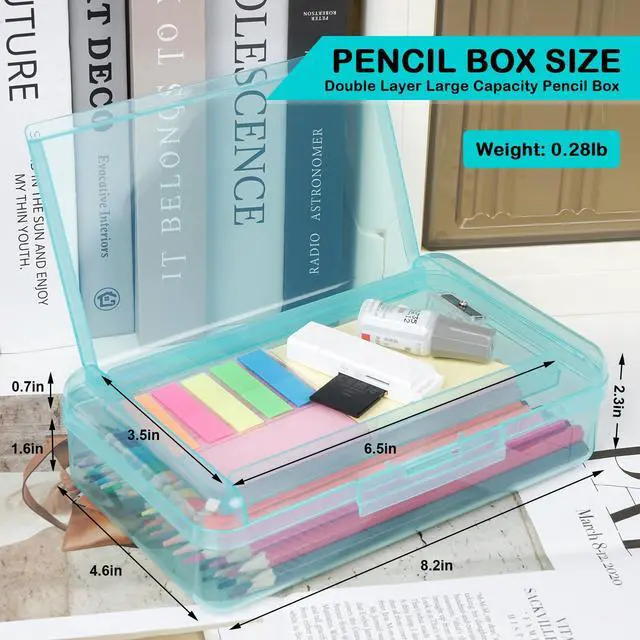 Alt view image 2 of 7 - Plastic Pencil Box, Large Capacity Pencil Case, Pencil Boxes | Double Layer for Kids Adults, Colored Pencil Case, Hard Crayon Box Storage with Snap-Tight Lid for School Office (Light Blue)