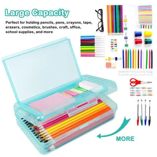 Alt view image 3 of 7 - Plastic Pencil Box, Large Capacity Pencil Case, Pencil Boxes | Double Layer for Kids Adults, Colored Pencil Case, Hard Crayon Box Storage with Snap-Tight Lid for School Office (Light Blue)
