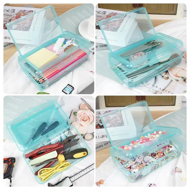 Alt view image 5 of 7 - Plastic Pencil Box, Large Capacity Pencil Case, Pencil Boxes | Double Layer for Kids Adults, Colored Pencil Case, Hard Crayon Box Storage with Snap-Tight Lid for School Office (Light Blue)