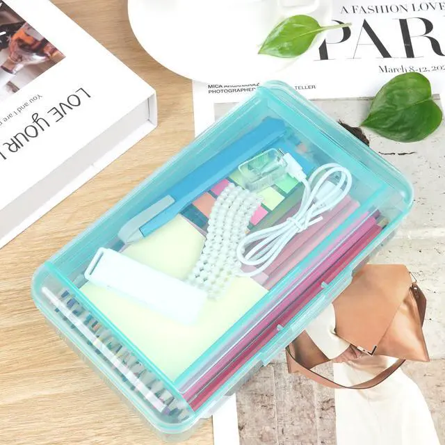 Alt view image 6 of 7 - Plastic Pencil Box, Large Capacity Pencil Case, Pencil Boxes | Double Layer for Kids Adults, Colored Pencil Case, Hard Crayon Box Storage with Snap-Tight Lid for School Office (Light Blue)