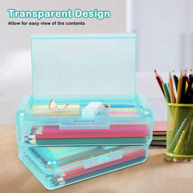 Alt view image 7 of 7 - Plastic Pencil Box, Large Capacity Pencil Case, Pencil Boxes | Double Layer for Kids Adults, Colored Pencil Case, Hard Crayon Box Storage with Snap-Tight Lid for School Office (Light Blue)
