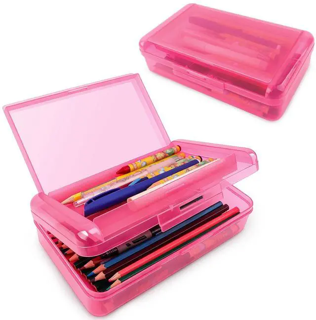 Main image of Pencil Box, Pencil Case, Double Layer Large Capacity Plastic Pencil Box, Hard Pencil Case for Girls Clear Crayon Box Organizer Stackable Storage Box with Snap-Tight Lid for Office School Supplies,Pink