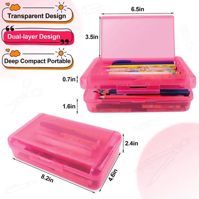 Alt view image 2 of 7 - Pencil Box, Pencil Case, Double Layer Large Capacity Plastic Pencil Box, Hard Pencil Case for Girls Clear Crayon Box Organizer Stackable Storage Box with Snap-Tight Lid for Office School Supplies,Pink