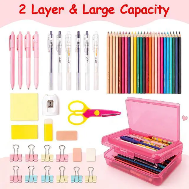 Alt view image 3 of 7 - Pencil Box, Pencil Case, Double Layer Large Capacity Plastic Pencil Box, Hard Pencil Case for Girls Clear Crayon Box Organizer Stackable Storage Box with Snap-Tight Lid for Office School Supplies,Pink