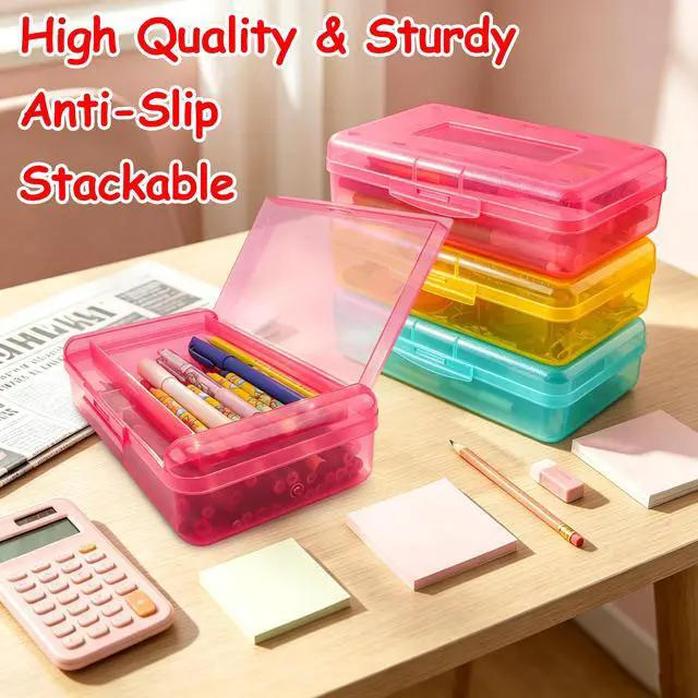 Alt view image 5 of 7 - Pencil Box, Pencil Case, Double Layer Large Capacity Plastic Pencil Box, Hard Pencil Case for Girls Clear Crayon Box Organizer Stackable Storage Box with Snap-Tight Lid for Office School Supplies,Pink