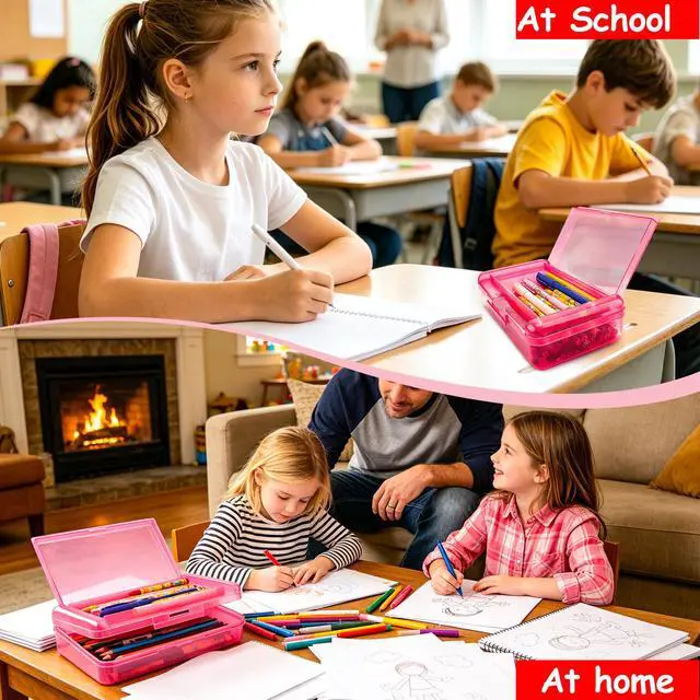 Alt view image 6 of 7 - Pencil Box, Pencil Case, Double Layer Large Capacity Plastic Pencil Box, Hard Pencil Case for Girls Clear Crayon Box Organizer Stackable Storage Box with Snap-Tight Lid for Office School Supplies,Pink