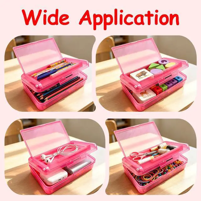 Alt view image 7 of 7 - Pencil Box, Pencil Case, Double Layer Large Capacity Plastic Pencil Box, Hard Pencil Case for Girls Clear Crayon Box Organizer Stackable Storage Box with Snap-Tight Lid for Office School Supplies,Pink