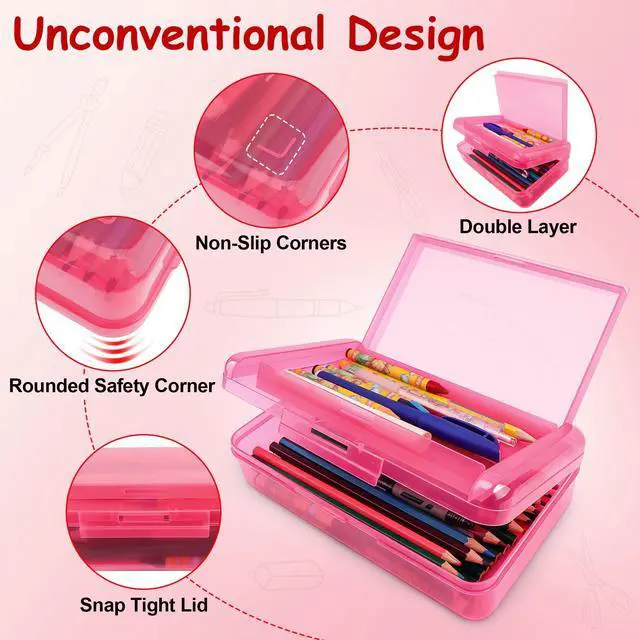 Alt view image 4 of 7 - Pencil Box, Pencil Case, Double Layer Large Capacity Plastic Pencil Box, Hard Pencil Case for Girls Clear Crayon Box Organizer Stackable Storage Box with Snap-Tight Lid for Office School Supplies,Pink