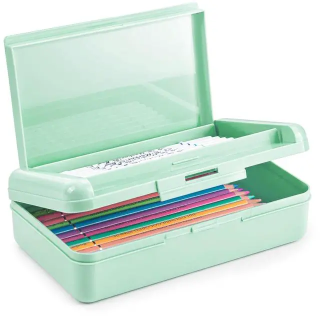 Main image of Plastic Hard Color Double Layer Cute Pencil Box Case For Girl Boy | Colored Kids Pen Case Box For Marker Crayon,School Office Art Supplies Storage Organizer Box,Medium Size(Green)