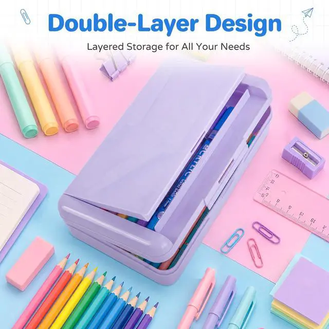 Alt view image 5 of 7 - Plastic Hard Color Double Layer Cute Pencil Box Case For Girl Boy | Colored Kids Pen Case Box For Marker Crayon,School Office Art Supplies Storage Organizer Box,Medium Size(Green)