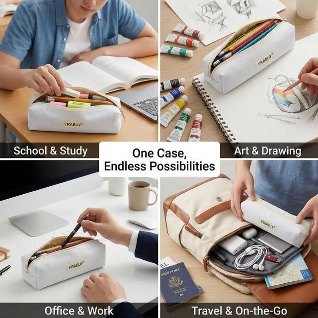 Alt view image 6 of 7 - Canvas Pencil Case Pouch, Multipurpose Pen Bag Stationery White | Heavy-duty Canvas, Smooth Alloy Zipper, Cute Organizer for Girls and Boys, Ideal for Stationery, Cosmetics, Tech Gear