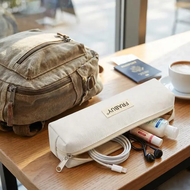 Alt view image 7 of 7 - Canvas Pencil Case Pouch, Multipurpose Pen Bag Stationery White | Heavy-duty Canvas, Smooth Alloy Zipper, Cute Organizer for Girls and Boys, Ideal for Stationery, Cosmetics, Tech Gear