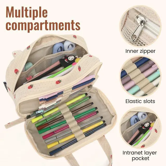 Alt view image 4 of 7 - Large Pencil Case Pouch, Extra Big Pencil Bags with Zipper, Cute Corduroy Pencil Pouch with 5 Compartments, Pen Bag Wide Opening, Pencil Pouch Organizer, Pencil Box for Teen Girls Adults