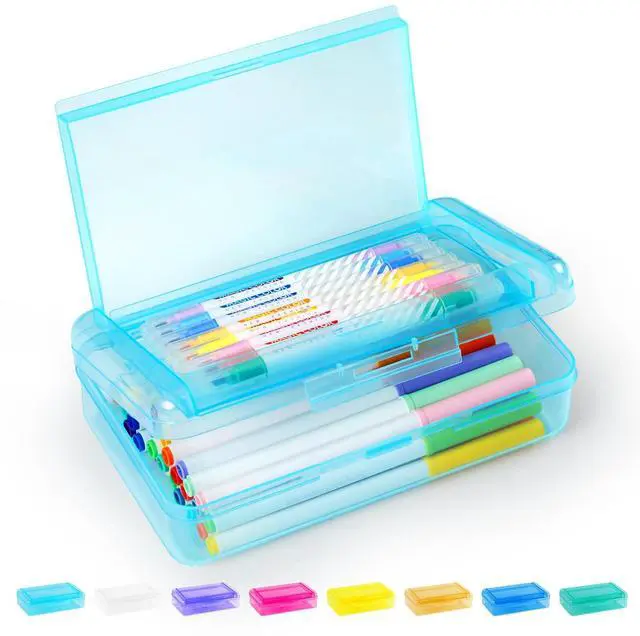 Main image of Double Layer Pencil Box, Large Hard Pencil Case Organizer, Clear Plastic Crayon Box for Girls and Boys, Colored Marker Organizer, Small Plastic Containers/Bins with Lids, Art Supply Storage