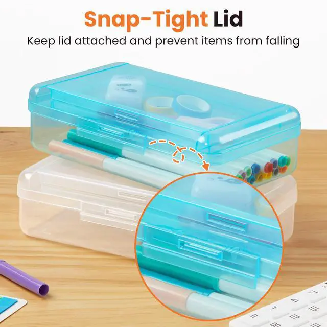 Alt view image 4 of 7 - Double Layer Pencil Box, Large Hard Pencil Case Organizer, Clear Plastic Crayon Box for Girls and Boys, Colored Marker Organizer, Small Plastic Containers/Bins with Lids, Art Supply Storage