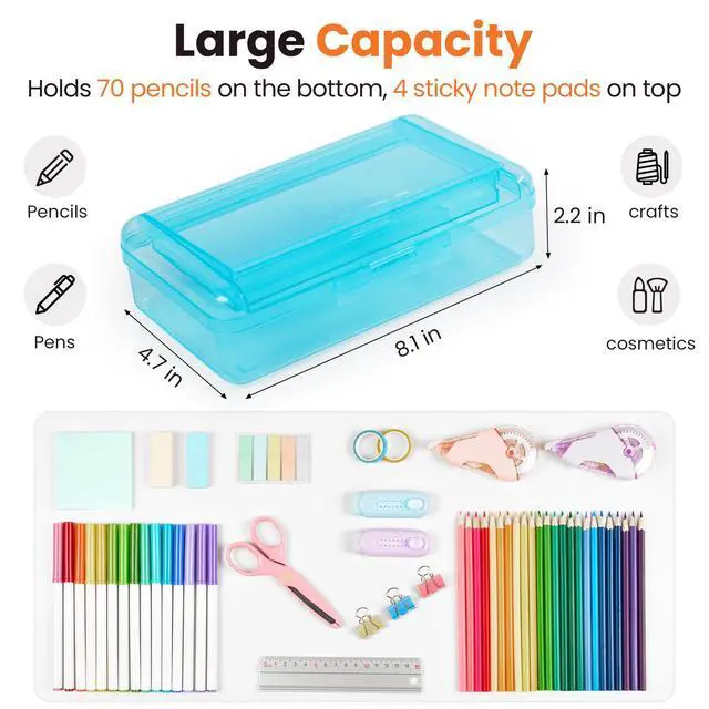 Alt view image 5 of 7 - Double Layer Pencil Box, Large Hard Pencil Case Organizer, Clear Plastic Crayon Box for Girls and Boys, Colored Marker Organizer, Small Plastic Containers/Bins with Lids, Art Supply Storage