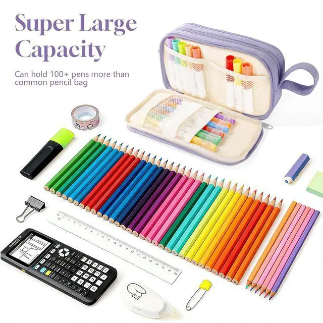 Alt view image 2 of 7 - Corduroy Pencil Case, Large Capacity Pencil Pouch with 4 Compartments, Cute Soft Aesthetic Stationery Pen Bag Organizer with Zipper, Portable School Supplies for Teen and Adult Girls, Purple