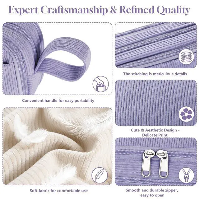 Alt view image 5 of 7 - Corduroy Pencil Case, Large Capacity Pencil Pouch with 4 Compartments, Cute Soft Aesthetic Stationery Pen Bag Organizer with Zipper, Portable School Supplies for Teen and Adult Girls, Purple