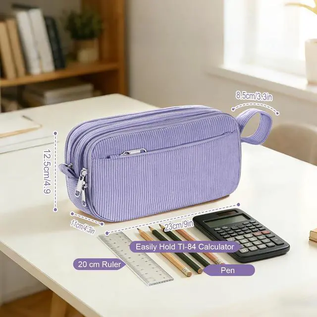 Alt view image 6 of 7 - Corduroy Pencil Case, Large Capacity Pencil Pouch with 4 Compartments, Cute Soft Aesthetic Stationery Pen Bag Organizer with Zipper, Portable School Supplies for Teen and Adult Girls, Purple